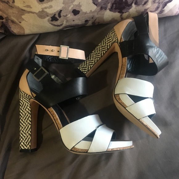 Rachel Roy Colorblock Braided Black White Leather Sandal Heels